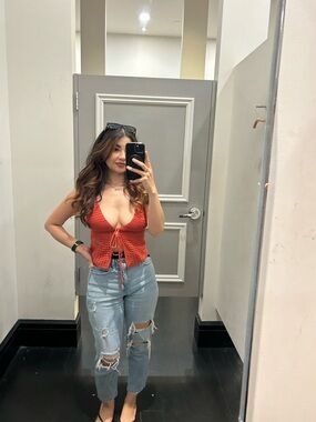 F21 MEDIUM Red Crochet Tie-Front Top